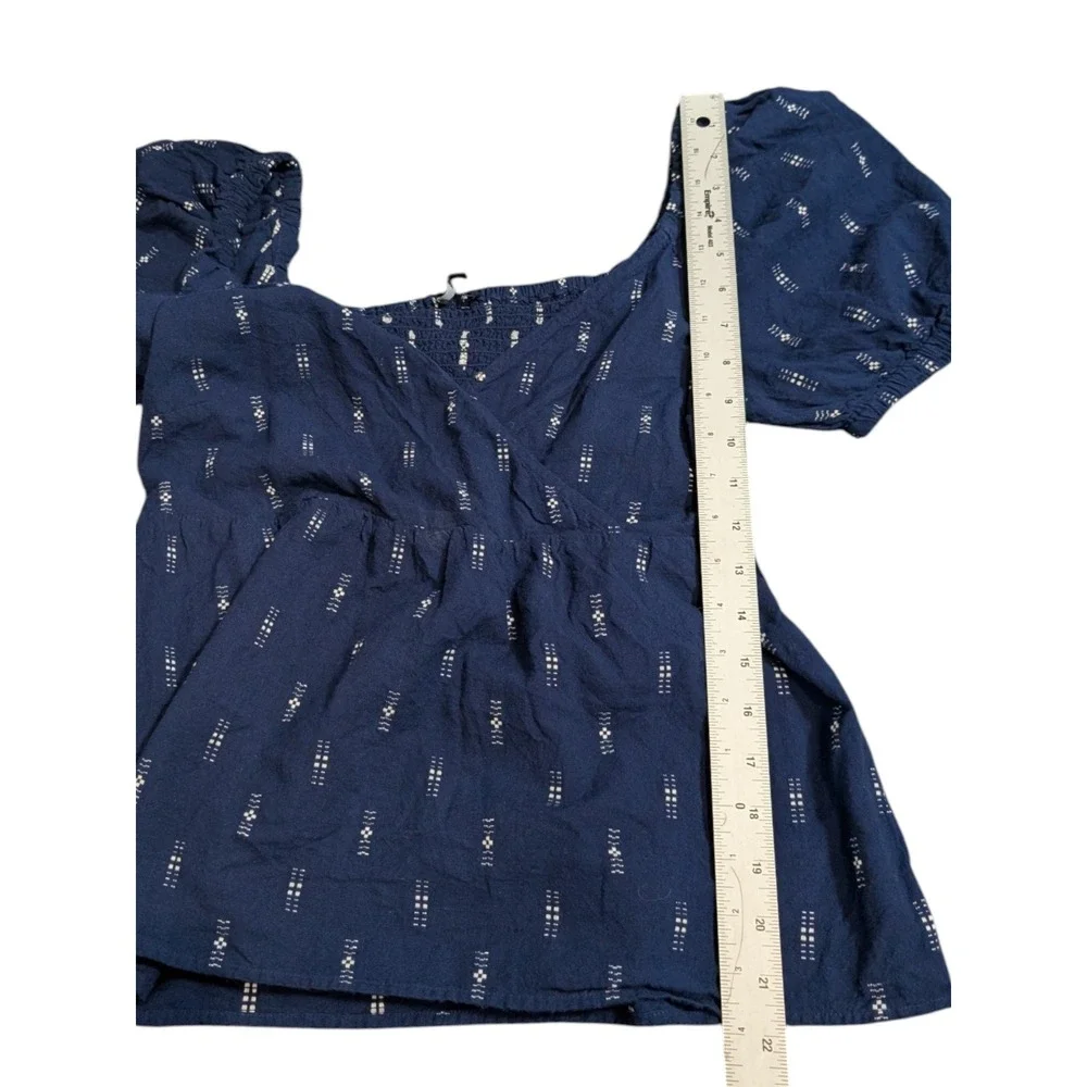 Madewell Navy Blue Dobby Dot Wrap Puff Sleeve Smocked Peplum Top XS 100% Cotton